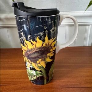 Evergreen ceramic sunflower travel mug 17 oz NWOT